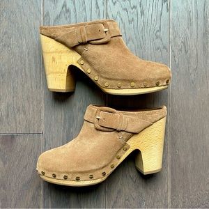 Veronica Beard Dacey Clog Pecan Brown Suede Buckled Studded Slip-on Stacked Heel